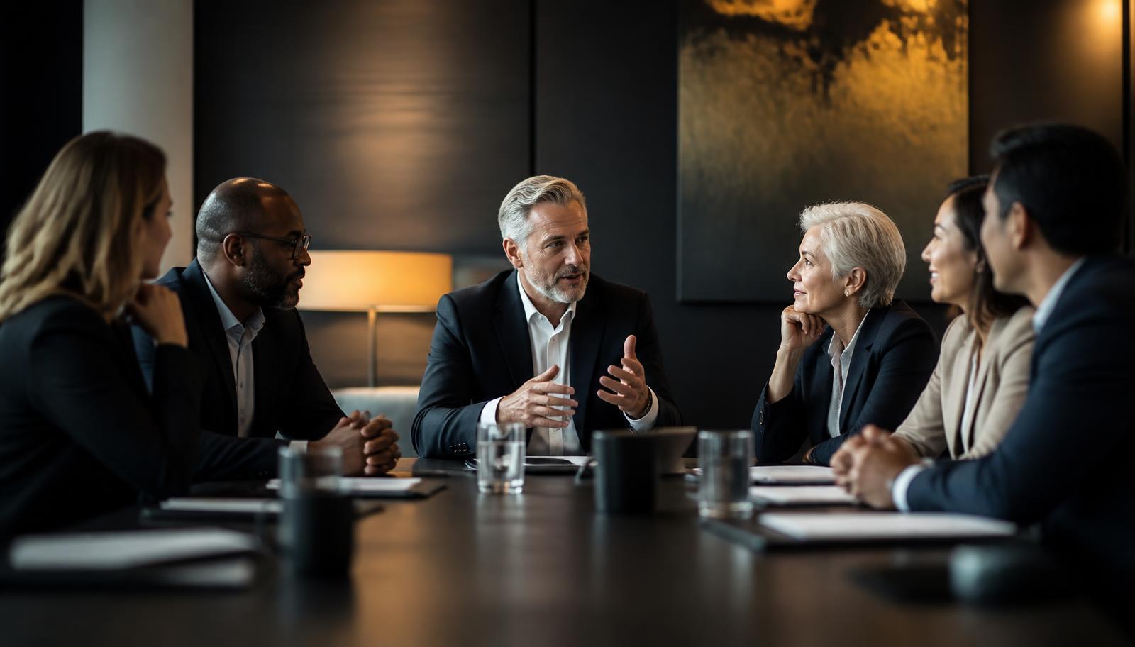 Senior leadership team discussing neurodiversity strategy around a boardroom table