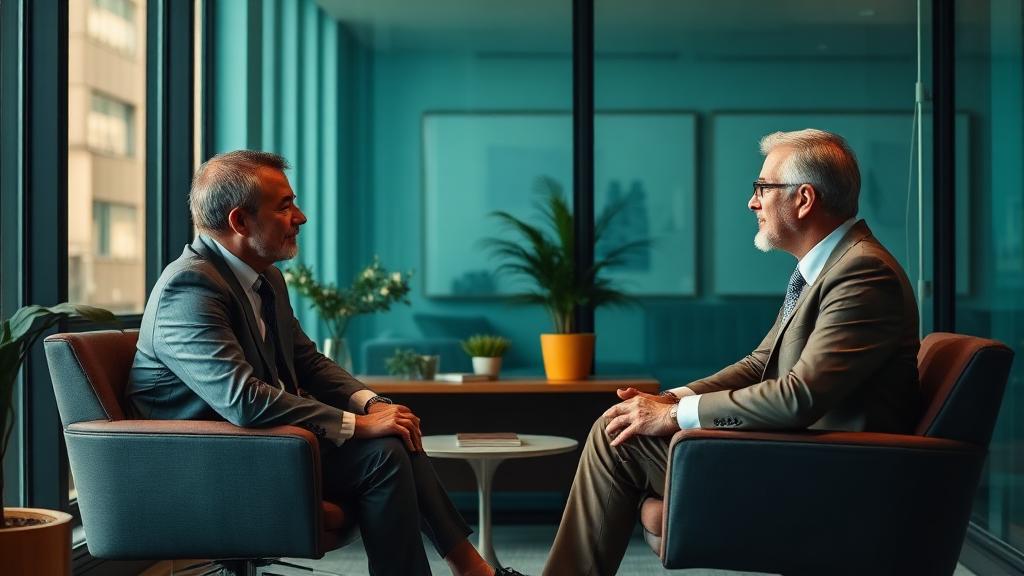 Two senior leaders in a confidential executive coaching conversation