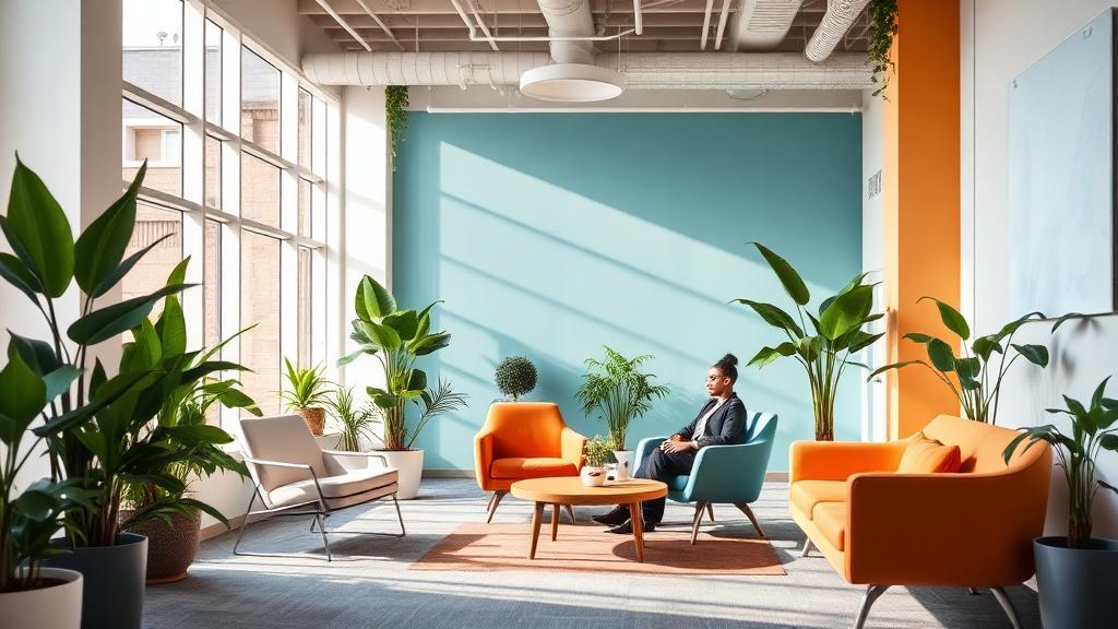 A calm, inclusive modern workspace designed for focus and comfort