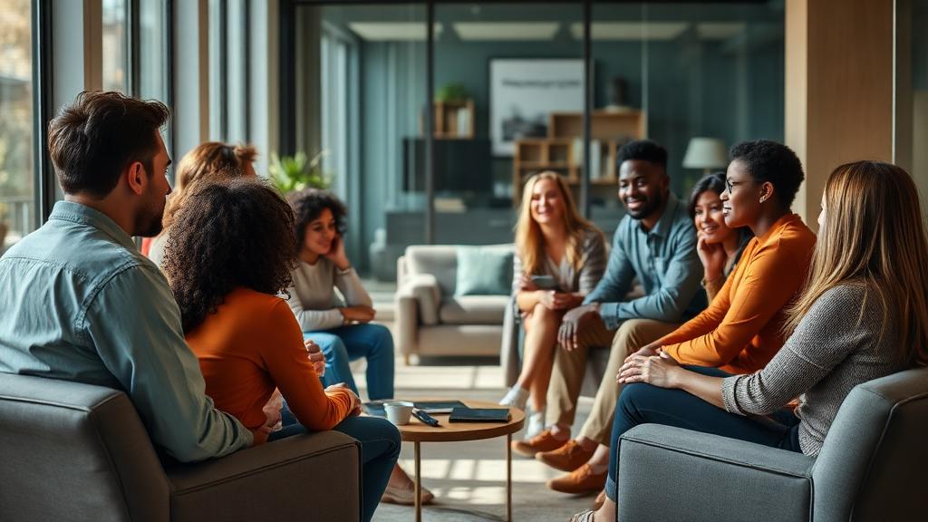Team members in an open, trusting group conversation